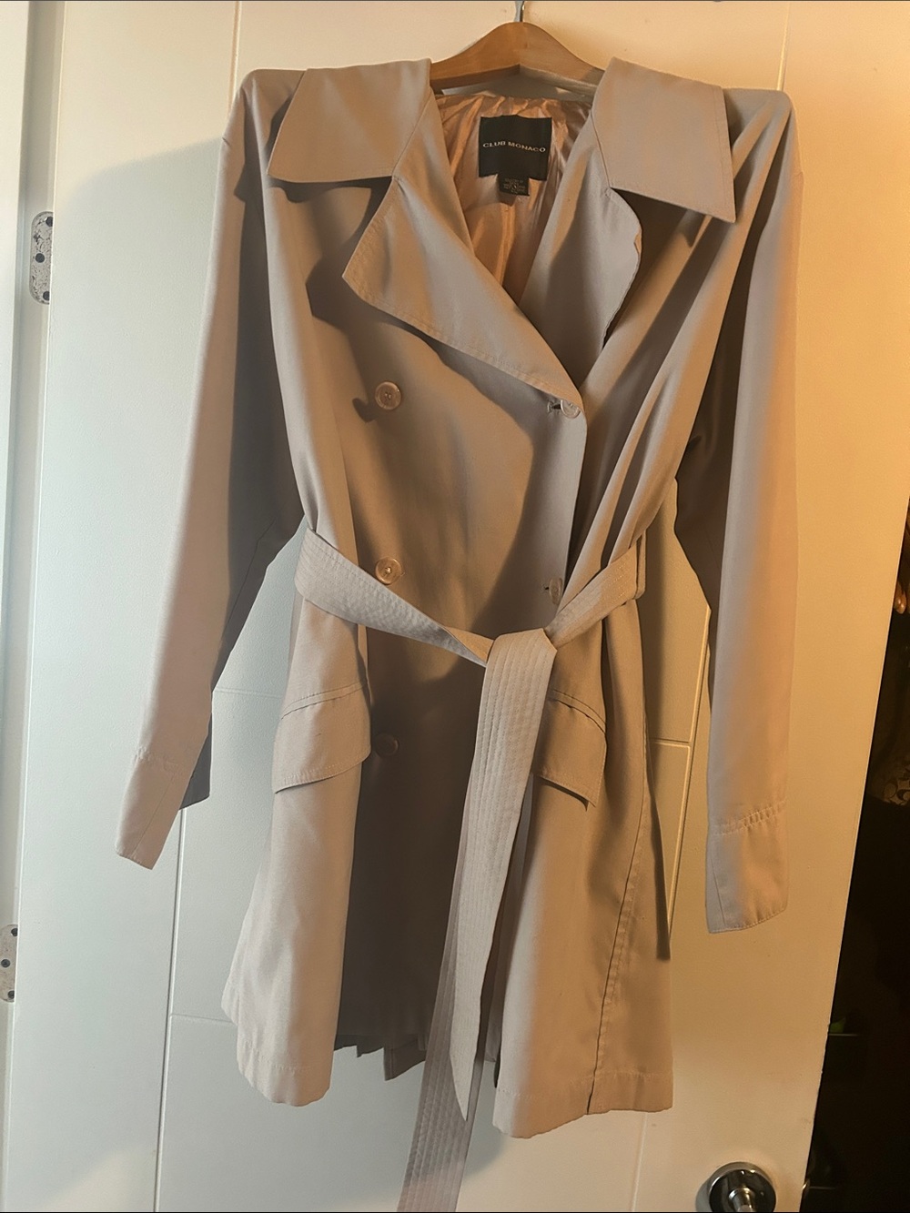 EUC Club Monaco Light Beige Double-Breasted Trench Coat with Belt